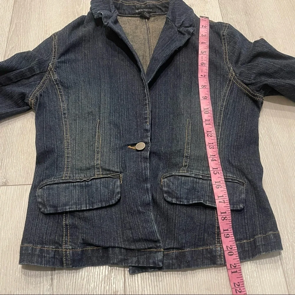 KENNETH COLE Dark Blue Single Button Stretchy Denim Jean Jacket Blazer Size 10